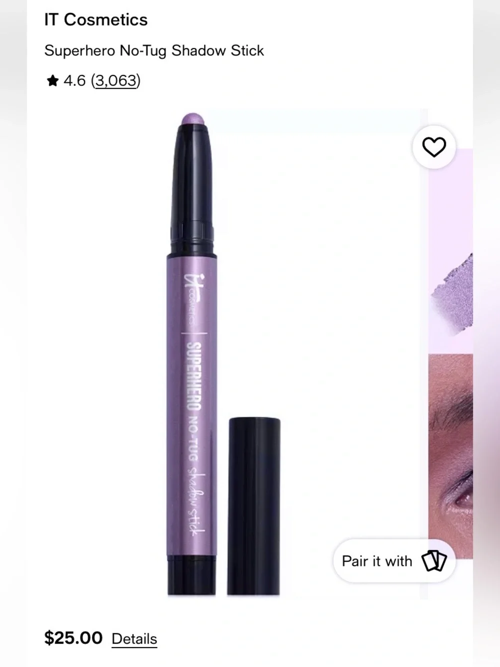 it cosmetics Superhero No-Tug Shadow Stick epic amethyst